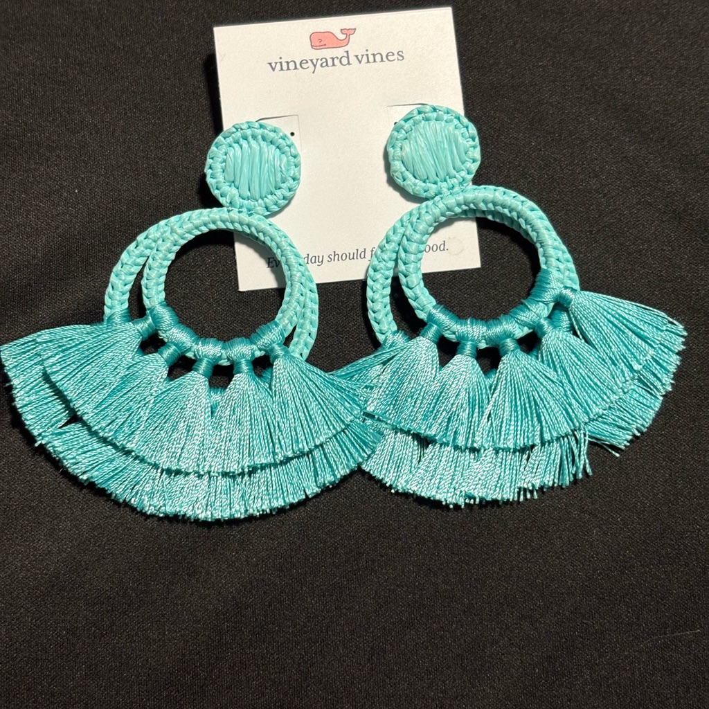 Vineyard Vines Turquoise Double Raffia Tassel Earrings